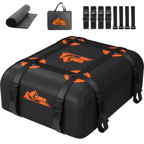 BATSUVCER Car Rooftop Cargo Carrier Bag 15-20 Cubic Feet, 100% Waterproof Heavy Duty Car Roof Bag for All Vehicle with/Without Racks - Anti-Slip Mat, 4 Door Hooks, Storage Bags (Orange, 15Cu.Ft)