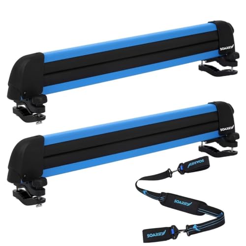 SOARIFY Multi-Purpose Alumium Blue Ski Rack with ski Strap Carrier, Roof Holder Carrier for Skis, Snowboards, Fishing Rods, Paddles, Skateboards, Wakeboard, Universal Mounting, Locking, Heavy Duty